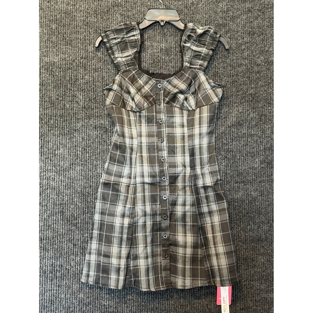 Romwe Womens XS Plaid Button Front Mini Dress Lace Trim Goth Grunge Preppy